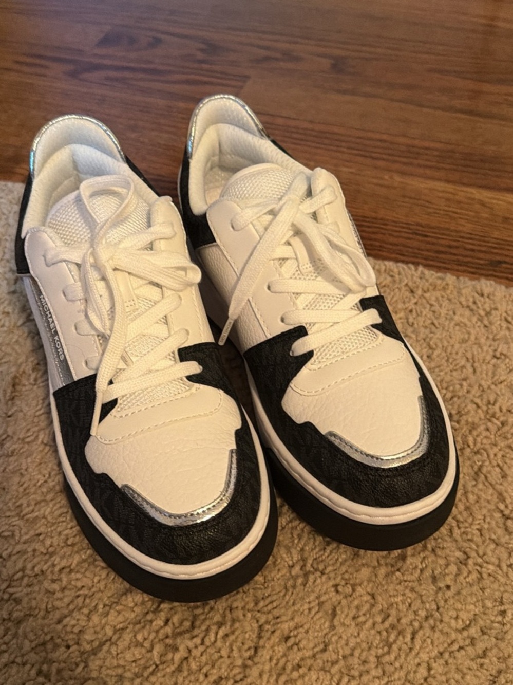 Michael Kors White and Black Low-Top Sneakers with Silver Trim